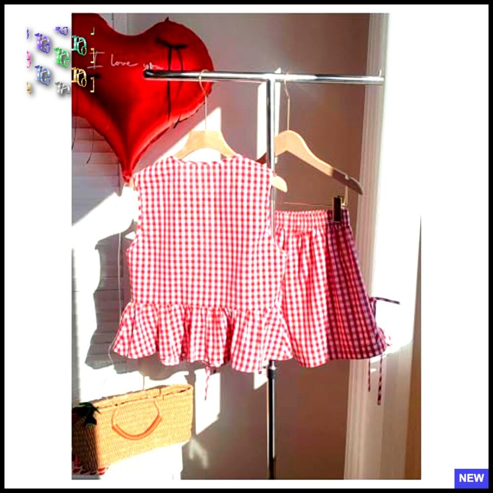 Plaid Gingham Bow Tie Front Ruffle Tank Top Wide Leg Shorts Set Summer - Picture 5 of 5